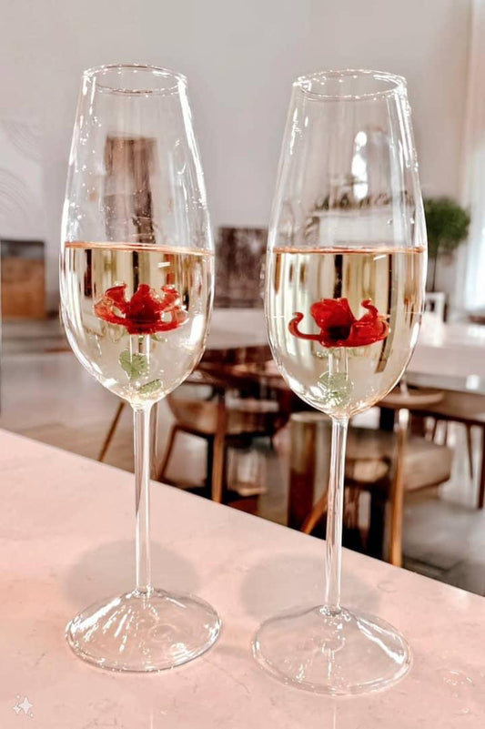 Handcrafted Red rose Champagne/Wine glasses