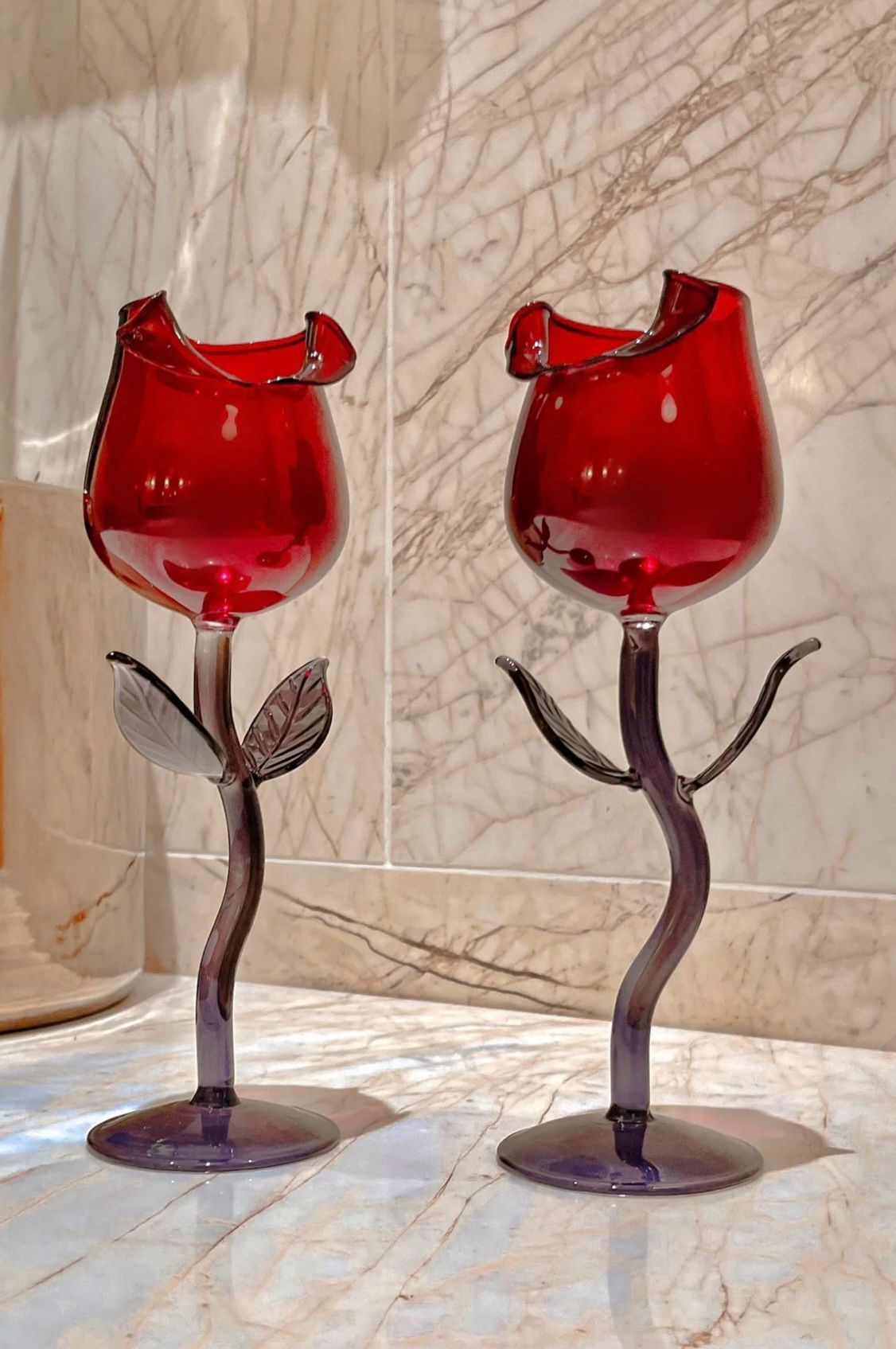 handcrafted 'Beauty and the Beast' rose wine glasses